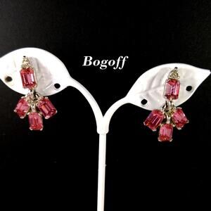 Bogoff Pink Rhinestone Screw Back Earrings, Rhodium Plated 1950s Vintage Jewelry